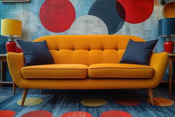 Yellow loveseat sofa and side tables against of colorful circle patterned wall Mid century interior design of modern living room Created with