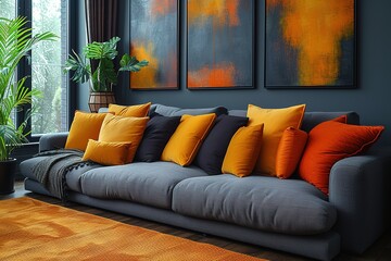 Yellow orange black and brown pillows on comfortable grey scandinavian sofa in bright living room interior with abstract paintings on the wall