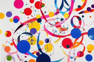 A playful composition of multicolored confetti dots and twisted streamers spiraling across a bright white canvas