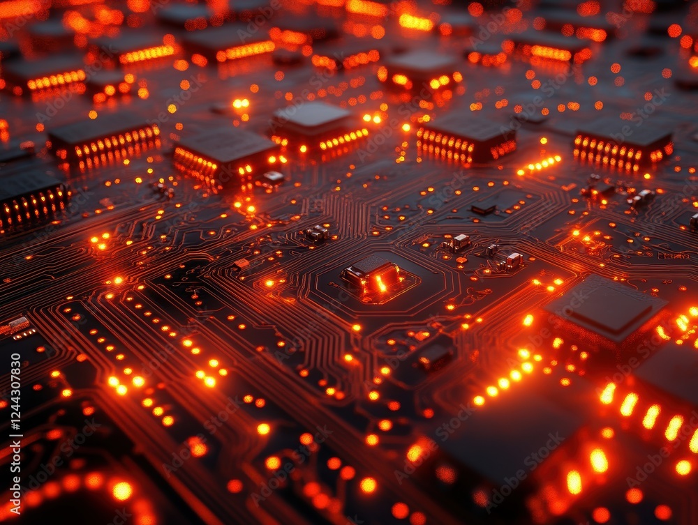 Aufkleber a close-up view of a circuit board with glowing components and connections.