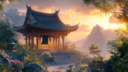 Temple House with a Giant Bell Ringing at Sunrise