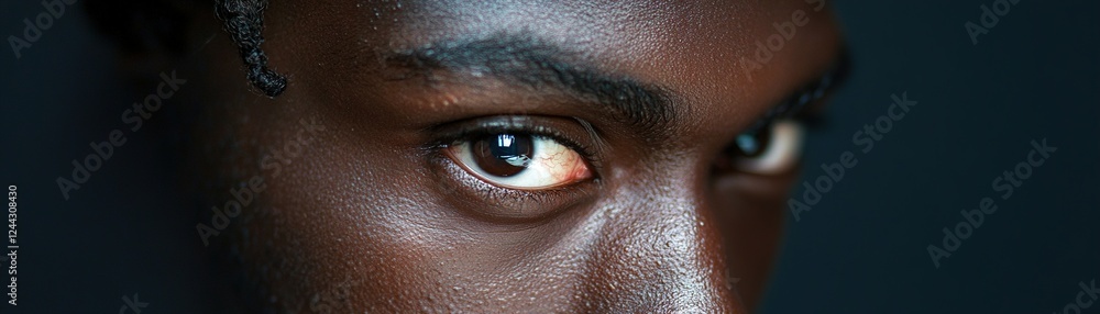 Poster half of a person's face is hidden by deep shadows in this close-up portrait, focusing on one captiva