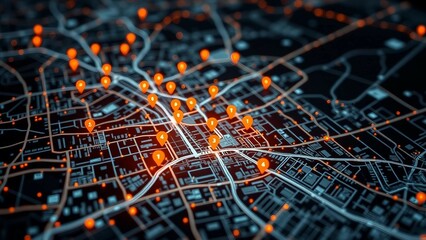 Digital city map with glowing orange markers highlighting key locations on a dark urban layout