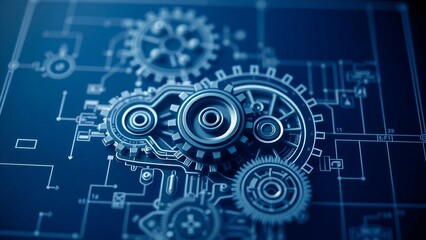 Detailed blueprint of a mechanical gear system on a dark blue background complexities and intricacie