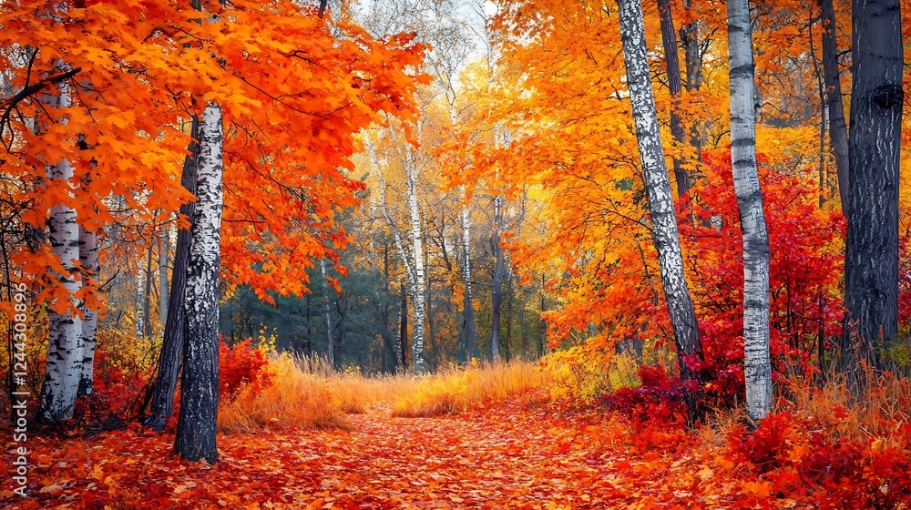 Poster a vibrant autumn forest with a carpet of fallen leaves and the sound of a gentle breeze rustling thr