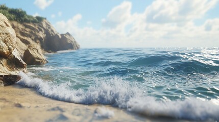 Serene beach scene with gentle waves lapping at the shore and rugged cliffs under a bright blue sky