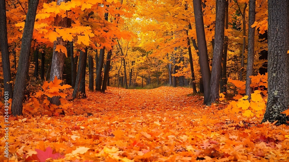 Poster a vibrant autumn forest with a carpet of fallen leaves and the sound of a gentle breeze rustling thr