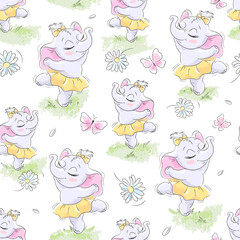 Cartoon cute seamless pattern elephant ballerina. Print on clothes and fabric. Fashionable seamless pattern.