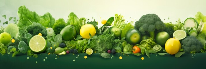 Fresh and Seasonal Green Vegetables and Herbs. A Banner Layout of Generative AI Image of Nutritious Diet and Healthy Vegan Food rich in Vitamins