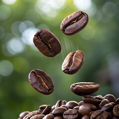 Fototapeta premium Roasted coffee beans suspended in mid-air, showcasing their rich texture and aroma against a blurred green background.