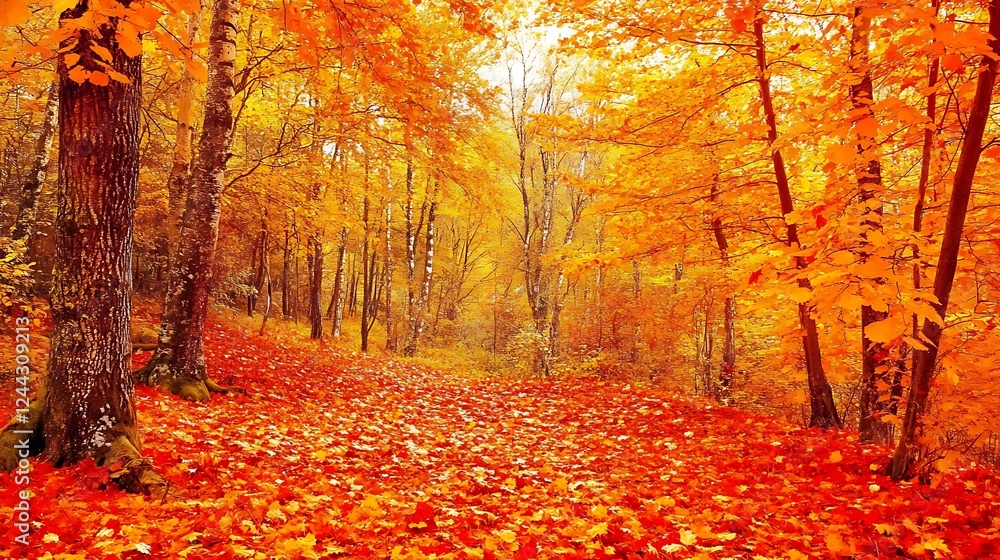 Poster a vibrant autumn forest with a carpet of fallen leaves and the sound of a gentle breeze rustling thr