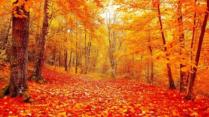 Naklejka premium A vibrant autumn forest with a carpet of fallen leaves and the sound of a gentle breeze rustling through the trees
