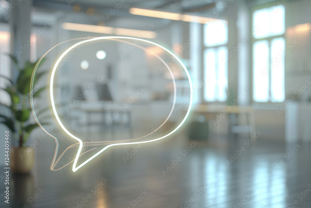 Poster modern speech bubble overlay in soft blurred office setting for design and communication themes