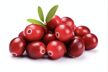 Fresh Cranberries with Leaves Isolated on White - Closeup View of a Pile of Cranberries with Green Leaves