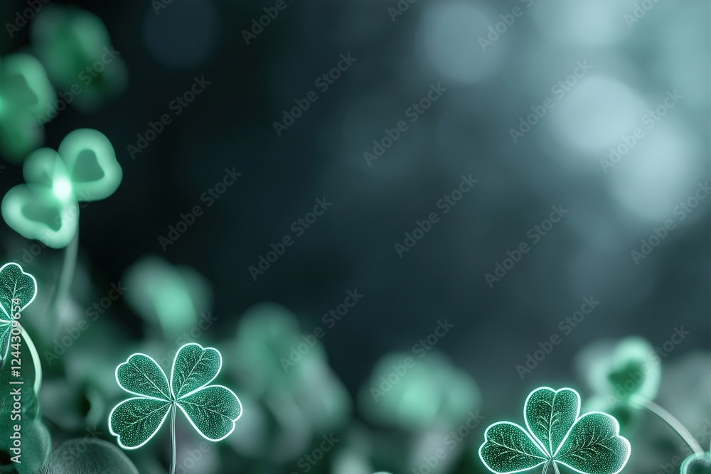 Poster dark green background adorned with softly glowing neon shamrocks arranged in abstract forms, providi
