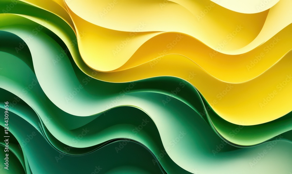 Poster abstract yellow and green paper waves layered intricately, creating a dynamic interplay of shadow an