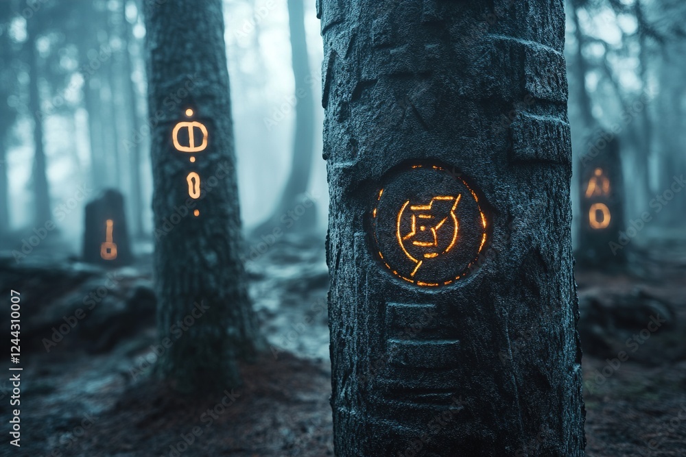Poster Deep within a shadowy forest, trees are marked with glowing symbols that hint at long-lost knowledge. The atmosphere is eerie yet enchanting, invoking curiosity and wonder