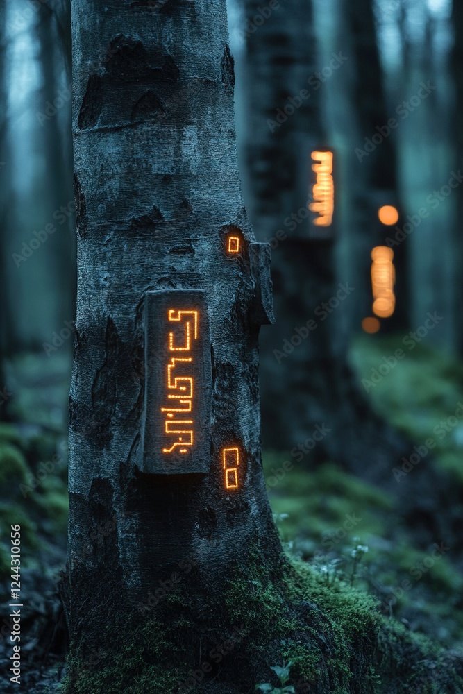 Poster in a deep, dark forest at twilight, trees are marked with glowing symbols that evoke a sense of anci