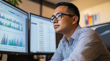 Latin American Data Scientist Analyzing Complex Data on Multiple Screens in a Professional Workspace Environment