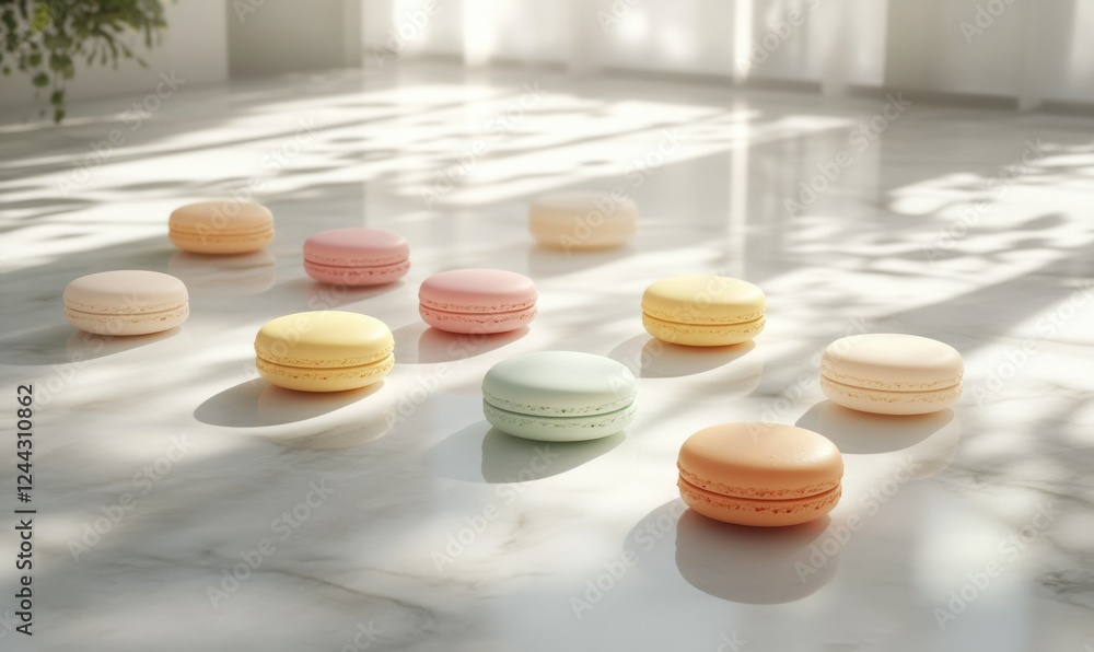 Poster array of colorful macarons styled on a marble surface with soft natural light, creating a delightful