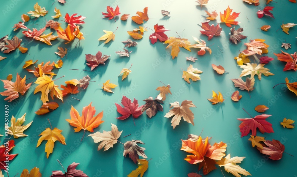 Poster array of colorful autumn leaves spread out against a vibrant teal surface, with textures and shadows