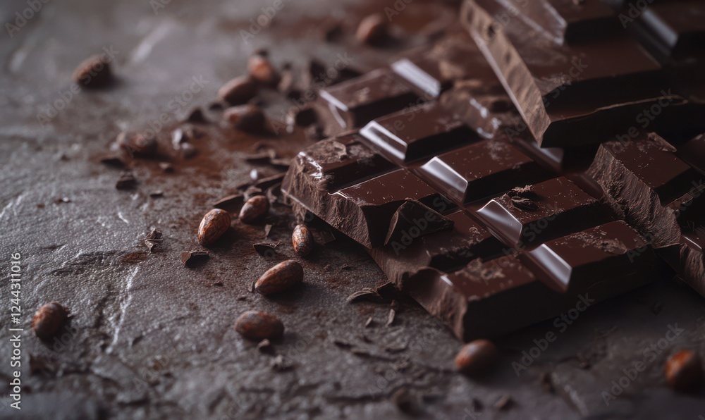 Poster artful composition of broken chocolate bars with cocoa beans scattered on a textured slate surface, 
