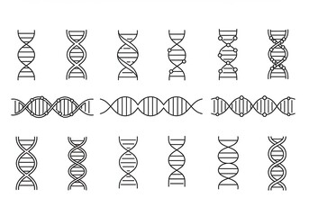 nine minimalist line art DNA double helix icons, arranged horizontally.