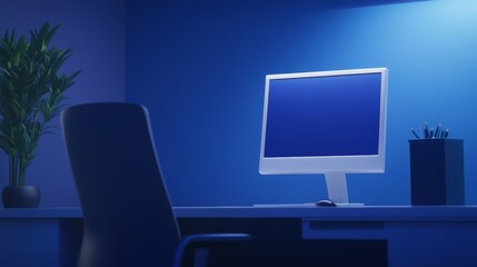 A serene workspace with a glowing blue monitor, a chair, and a plant in a dimly lit room