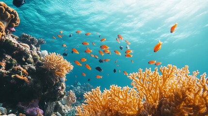 Obraz premium A vibrant coral reef with schools of colorful fish swimming among the corals in clear blue water