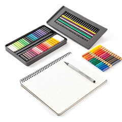 Art supplies, colorful pastels, vibrant pencils, sketchbook, creative tools, artist palette, drawing materials, diverse color spectrum, artistic inspiration, professional art set, stationery collectio