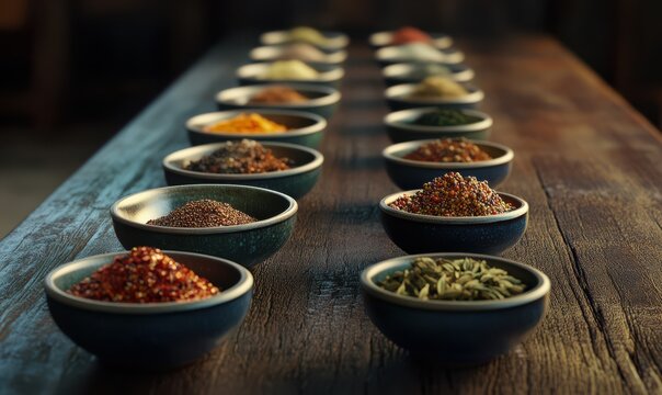 Assorted spices in ceramic bowls arranged on a dark wooden table, styled with rich textures to highlight their vibrant colors and aromatic appeal