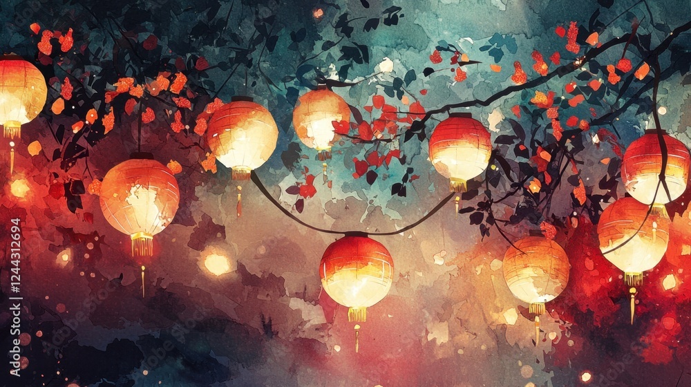 Poster a painting of a tree with many red lanterns hanging from it