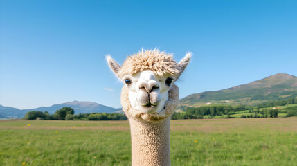 Obraz premium Alpaca portrait, sunny field, mountains. Perfect for travel brochures