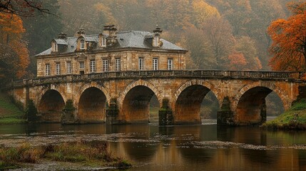 Obraz premium Stone Bridge House Autumnal River Landscape