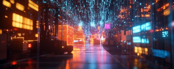 illuminated warehouse with digital data streams. virtual reality scene of boxes and forklifts in motion, impact on logistics innovation through technology