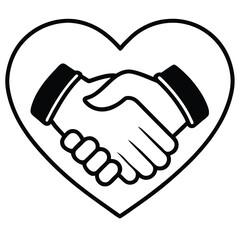 A simple, elegant vector graphic featuring two hands shaking within a heart shape, symbolizing unity, love, and partnership for creative and business design concepts.