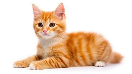 Fototapeta premium Ginger Cat Lying Down. Isolated Side View of Cute Cat with Relaxation and Cleaning Grooming Facial Expression