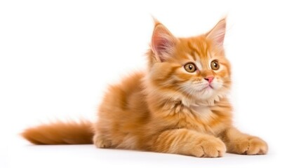 Obraz premium Ginger Cat Lying Down - Cute Feline Showing Relaxation and Cleaning Habits in Side View. Isolated Animal with Facial Expression and Copy Space