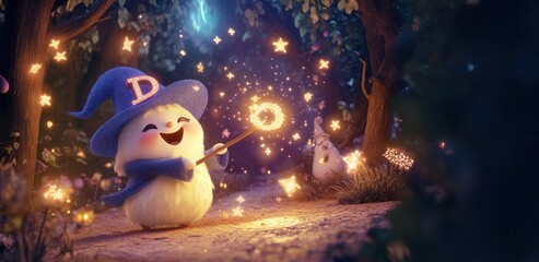 Obraz premium Adorable Magical Creature Casting Spells in Enchanted Forest AI Generated