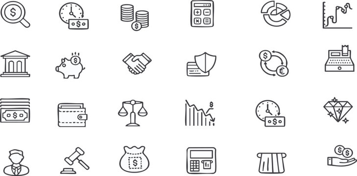 set of Hand-drawn icons for the finance sector: bank, money, calculator, graphs, POS device, etc.Vector Illustration 