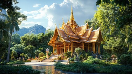 Fototapeta premium Thai-Inspired Temple House with Golden Spires and Lush Greenery