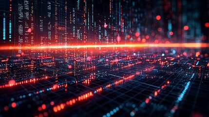 Fototapeta premium Futuristic digital city glowing at night; data streams, network visualization; tech background