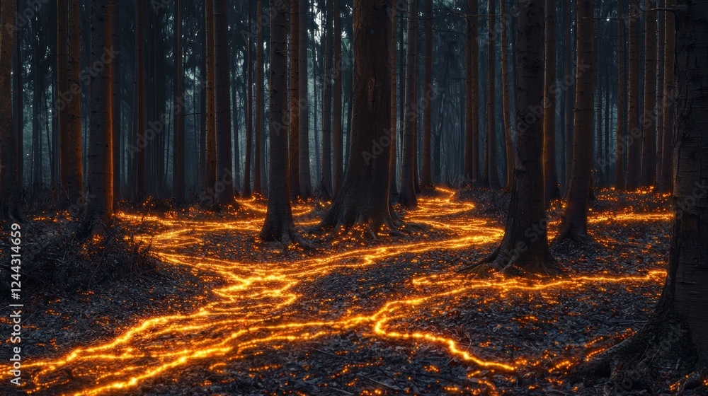 Poster a forest with a path of fire running through it
