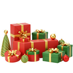 Festive Christmas Gift Boxes with Gold Ribbons and Vibrant Red and Green Colors On Transparent Background
