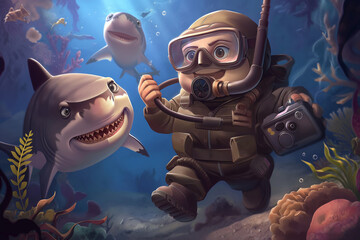 A cartoon-style shark diver character, wearing a sleek diving suit and a face mask, exploring the vibrant underwater world