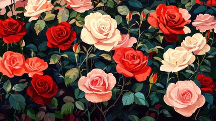 A painting of a field of red and white roses