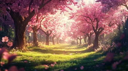 Naklejka premium A Serene Path Through Blossoming Cherry Trees