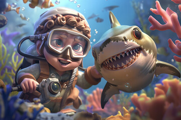 A cartoon-style shark diver character, wearing a sleek diving suit and a face mask, exploring the vibrant underwater world