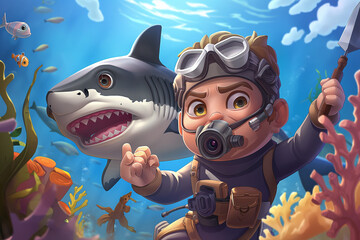A cartoon-style shark diver character, wearing a sleek diving suit and a face mask, exploring the vibrant underwater world