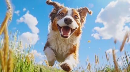 A dog is running in a field with a bright blue sky above it